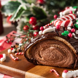 Photographie représentant une bûches, dessert traditionnel de Noël.